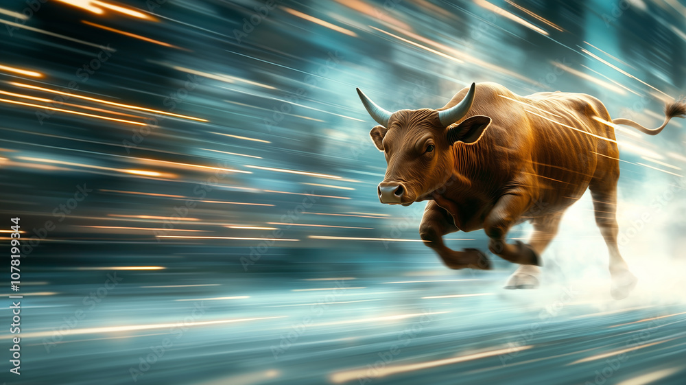 Poster powerful bull charges forward, symbolizing bullish market with dynamic energy and speed. background 