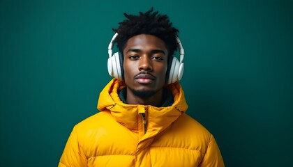 Portrait of a young man wearing headphones and a bright yellow puffer jacket against a green background. His serious expression and modern style create a bold, urban look