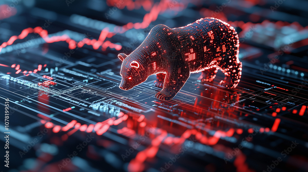 Poster digital bear stands on declining stock market graph, symbolizing bearish trend. red and black color 