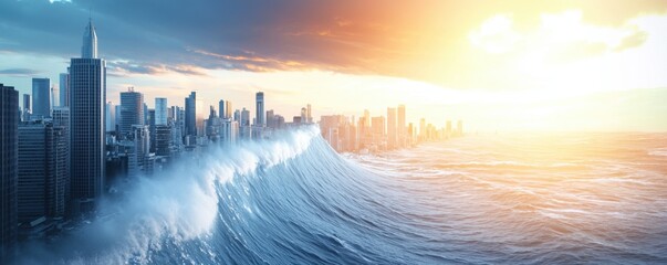 Fototapeta premium A dramatic scene of towering waves crashing against a skyline, illuminated by a vibrant sunrise, highlighting the clash between nature and urban life.