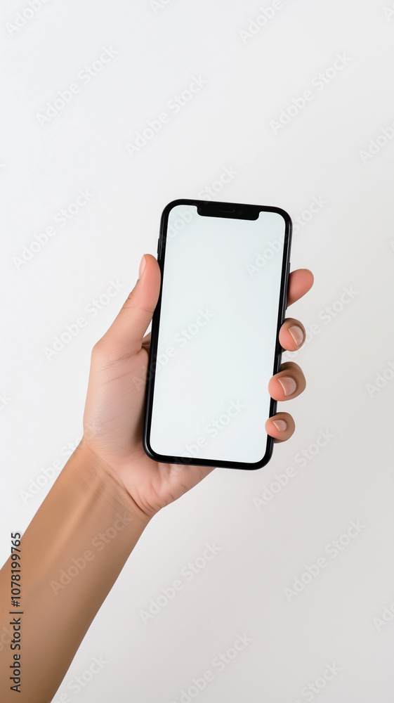 Poster hand holding smartphone vertically against white background, showcasing blank screen. image highligh