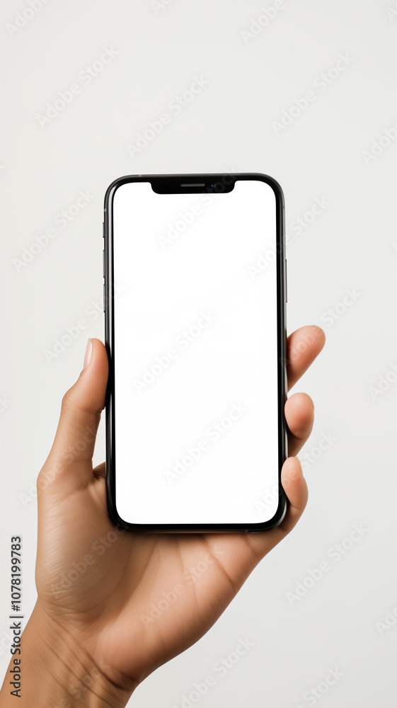 Poster hand holding smartphone vertically with blank white screen on white background. image focuses on device, showcasing its sleek design and modern technology