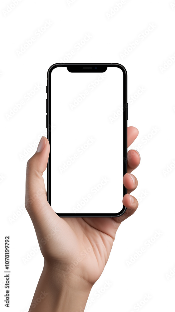 Poster hand holding smartphone vertically against white background, showcasing blank screen for design or a