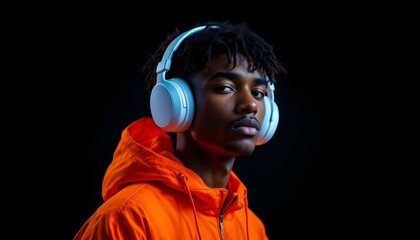 Portrait of a young man wearing headphones and an orange jacket, set against a dark background. His serious expression and the contrast of colors create a striking and modern look