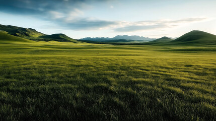 Obraz premium Wide open grassy plain with rolling hills under a cloudy sky and distant mountains. The landscape is lush green, suggesting a peaceful and natural rural environment.