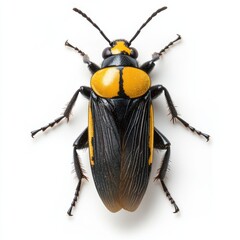Close-up of detailed black and yellow bug on white background