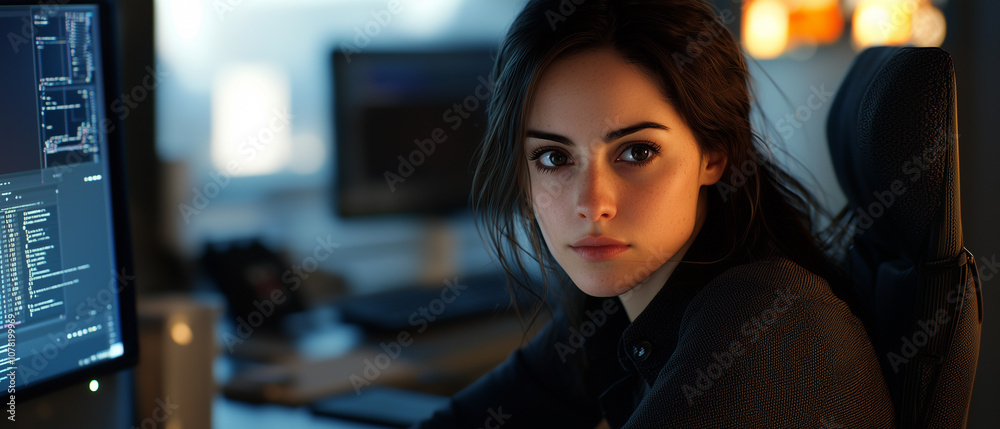 Poster focused woman sits at computer desk, surrounded by screens displaying code, in dimly lit office. her