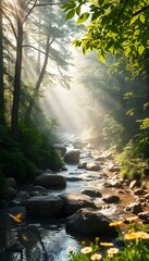 Obraz premium Beautiful, serene forest with a crystal-clear river flowing through lush green trees, surrounded by wildflowers and rocks; the scene is illuminated by soft morning sunlight filtering through the leave