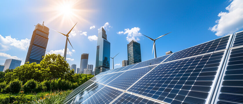 vibrant eco cityscape with solar panels and wind turbines under bright sun, showcasing sustainable energy solutions in urban environment