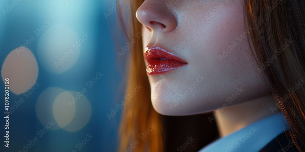 Aufkleber close up of woman face with glossy red lips and smooth skin, set against blurred background, creatin