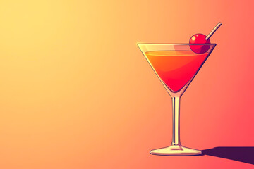 A glass of martini with a cherry on top. The glass is sitting on a table with a pink background
