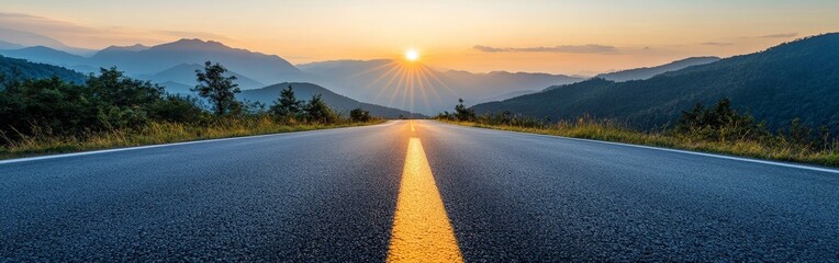 Fototapeta premium Winding road sunset: scenic path leading through hills toward bright horizon