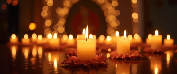 Beautiful candlelit setting honoring Guru Nanak Jayanti filled with warm devotion