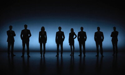 Eight people stand in silhouette against a blue light, creating a dramatic and mysterious image