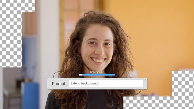 Generative AI artificial intelligence generating parts of video image of a woman. Prompt software creates added extended background to complete missing edges of generative fill of a female portrait
