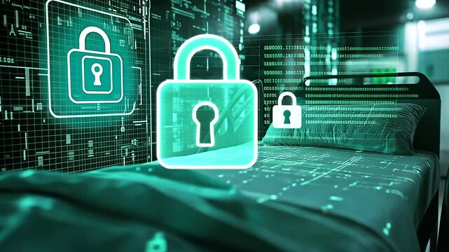 A hospital bed in a futuristic medical room with a digital lock icon glowing on its side panel, symbolizing the importance of cybersecurity in protecting patients&rsquo; medical records