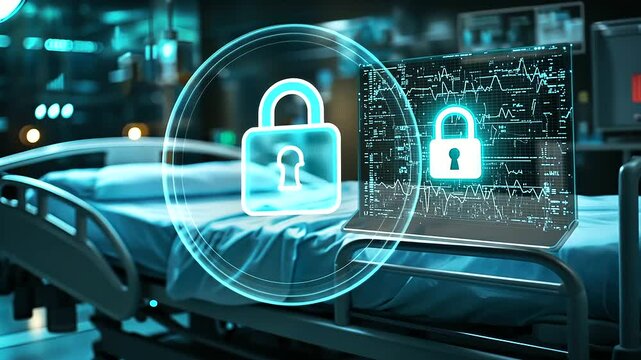 A hospital bed in a high-tech medical facility, with a glowing digital lock symbol displayed on the bed&rsquo;s electronic console