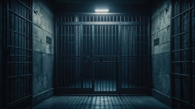 A dark, empty prison cell with metal bars and dim lighting, casting shadows on the concrete walls and floor, evoking a somber, confined atmosphere