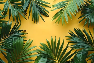 Tropical Palm Leaves on Vibrant Yellow Background for Summer Design and Decor