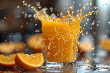 Refreshing Splash of Orange Juice with Fresh Citrus Slices