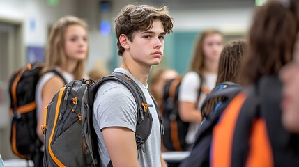 A student stands quietly at the front of the classroom, nervously adjusting their backpack and glancing around at their peers as they wait for the teacher to arrive and class to begin.