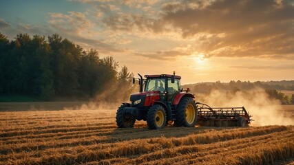 Obraz premium A red tractor works a golden field at sunset, stirring up dust as it prepares the land for harvest, with a forest line in the background under a warm, glowing sky