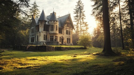 Fototapeta premium Vintage European castle in a forest clearing, mystical atmosphere