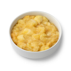 Ceramic bowl with organic homemade apple compote 
 isolated on white background close up