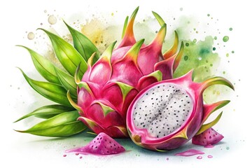 Dragon Fruit Watercolor Illustration - Vibrant Digital Drawing of Exotic Fruit, Artistic Representation of Pitaya, Tropical Colors, Botanical Art, Food Aesthetics, Nature-Inspired Design