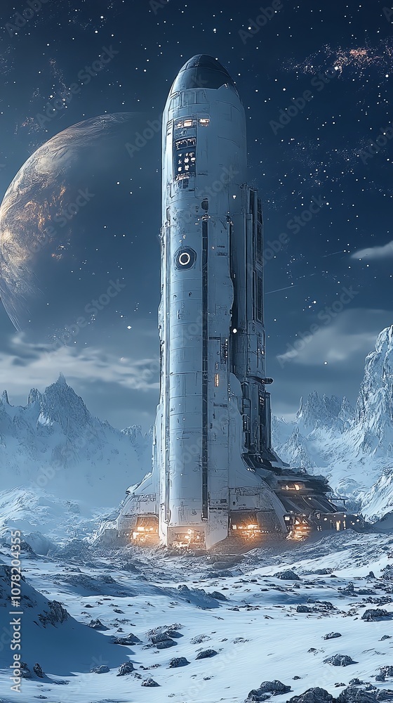 Poster a futuristic rocket ship stands tall on a snowy, alien planet with a large moon in the background.