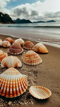 Seashells line the sandy beach near the ocean on a cloudy day