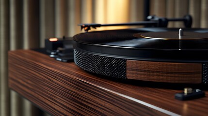 Close up of a turntable with a vinyl record spinning.