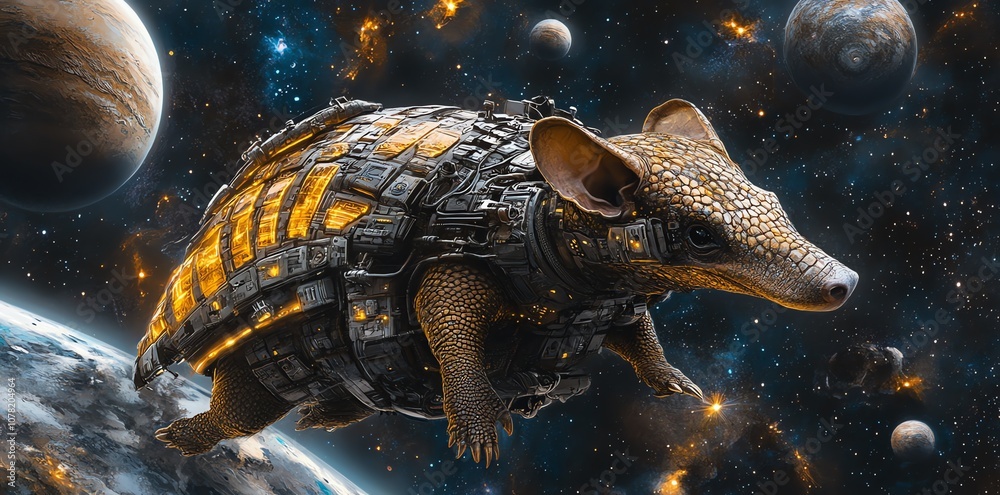 Poster a futuristic, armored armadillo floats in space with planets in the background.