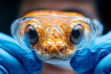 A gecko wearing safety glasses, held by gloved hands, looks directly at the camera.