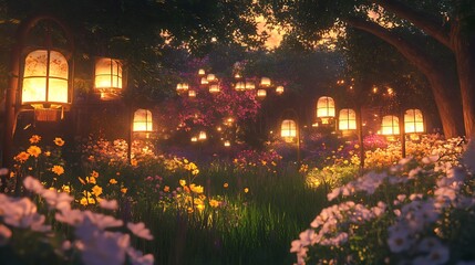 Obraz premium Peaceful anime garden with glowing lanterns and vibrant flowers
