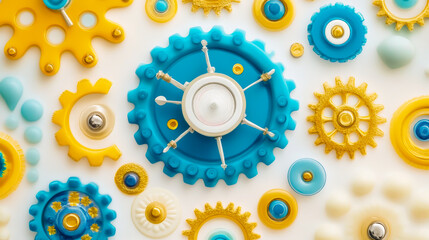 A colorful image of gears and wheels with a blue and yellow center. Concept of movement and energy, as well as the idea of interconnectedness and collaboration