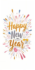 Happy New Year in colorful water paint text golden with colorful fireworks golden white gift box and new year stuff decorative isolated on white background