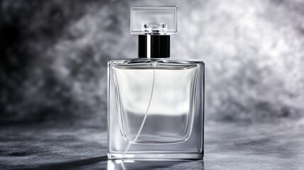 Glass Perfume Bottle with Silver Cap on Gray Background
