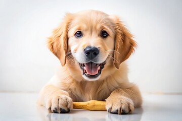 Golden Retriever Puppy with Bone on White Background - Adorable Canine Companion, Playful, Soft Fur, Cute Expressions, Pet Photography, Puppy Love, Family Pet, Animal Portrait, Dog Lovers