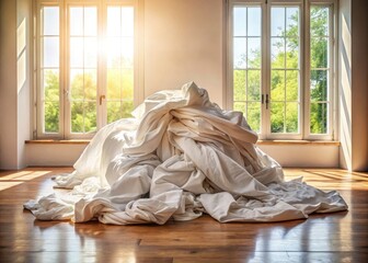 A Serene Home Scene of Crumpled White Sheets on a Wooden Floor, Capturing the Essence of Laundry Chores and Domestic Life with Soft Natural Light