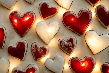 Obraz premium Soft red and white hearts with glowing edges on a light beige background.