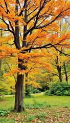 a close up of a tree with yellow leaves in a park