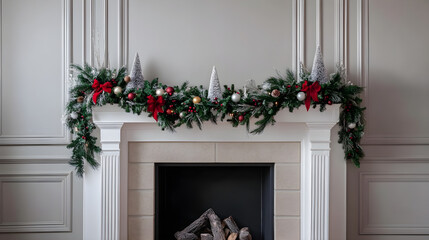 Fototapeta premium Cozy Christmas decorations on fireplace with festive garland and ornaments