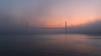 Obraz premium A suspension bridge emerges from a foggy sunrise over a calm body of water.