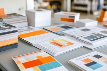 High-definition shot of printed marketing materials, catalogs, and booklets on a table