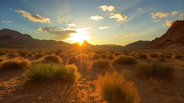 A stunning desert landscape at sunset, featuring mountains, shrubs, and vibrant clouds with warm sunlight rays.