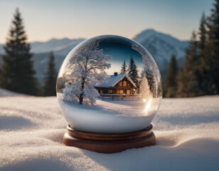 Pallina con paesaggio innevato e cielo crepuscolare, atmosfera silenziosa e magica, ideale per un albero natalizio elegante.