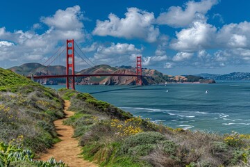 Hikers Enjoy a Scenic View of the Golden Gate Bridge on a Sunny Day With Clouds Over San Francisco Bay