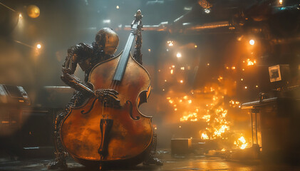 Fototapeta premium A humanoid robot playing double bass on a grand concert stage, AI can replace human potential perfectly. 