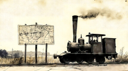 A steam train is on the tracks next to a sign that says "Map"